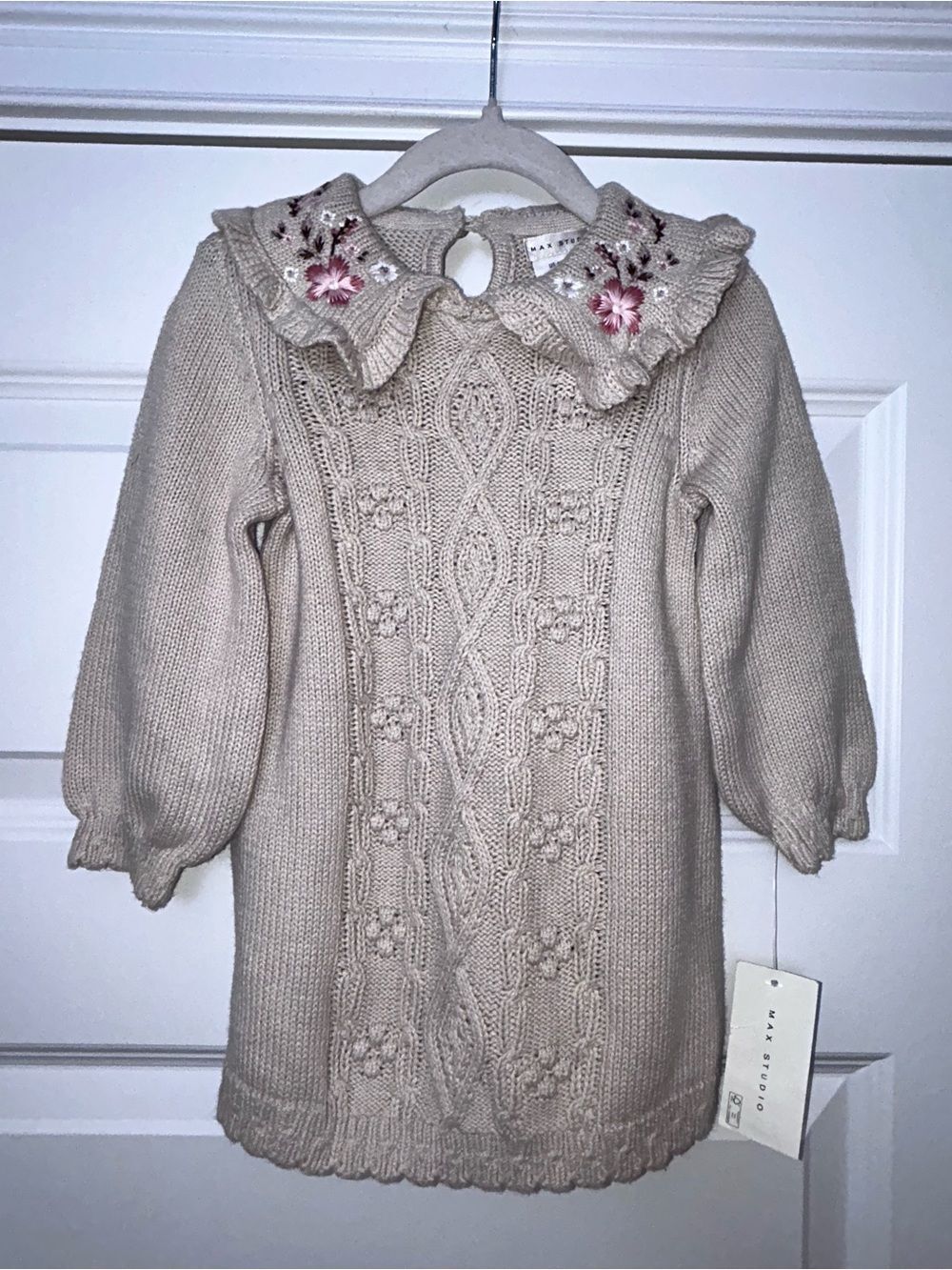 New, Max Studio Floral Embroidered Collar Long Sleeve Knit Sweater Dress